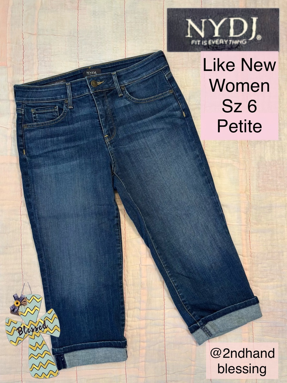 Like New NYDJ Marilyn Straight Capris Jeans Petite, Women Sz 6P, Dark Denim Crop